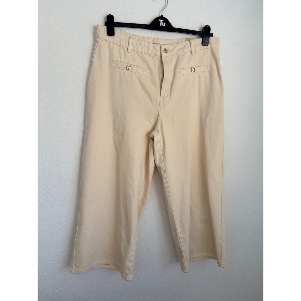Michael Kors Luna Crop Wide Leg jeans Beige‎ Gold Hardware Cotton New Size 16